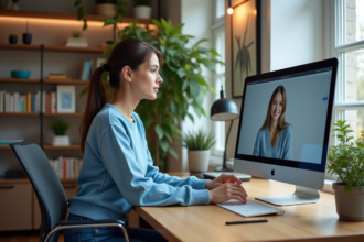 Jeune femme au bureau analysant un écran d'ordinateur