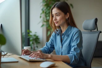 Jeune femme au bureau regardant le clavier
