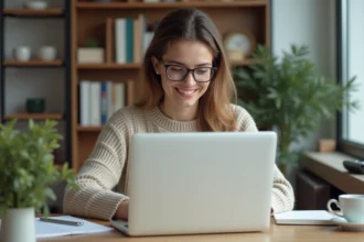 Femme travaillant sur un ordinateur portable dans un bureau moderne
