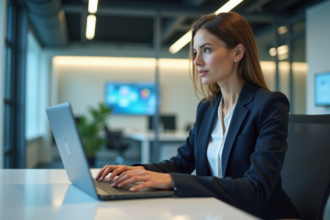 Femme professionnelle travaillant sur un ordinateur en bureau moderne