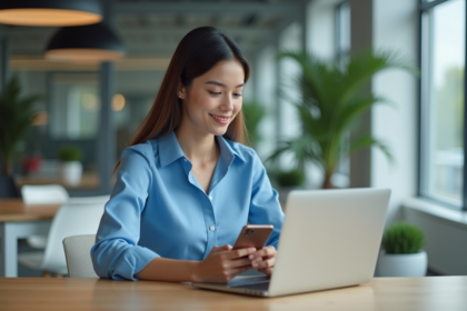 Jeune femme au bureau compare ordinateur et smartphone