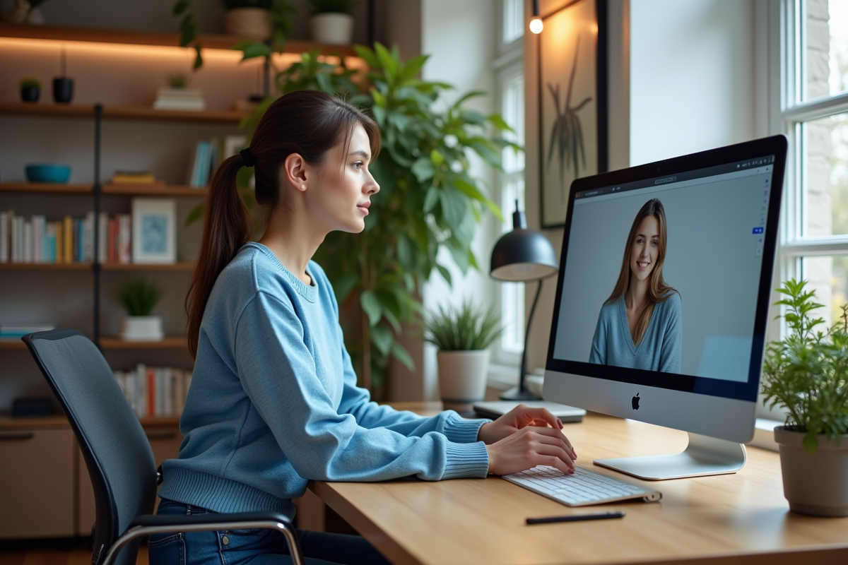 Jeune femme au bureau analysant un écran d'ordinateur