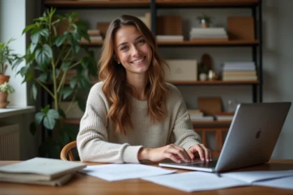 Jeune femme souriante dans un bureau organisé et cosy