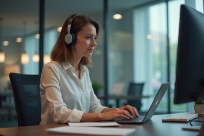 Femme d'âge moyen en blouse au bureau en train de relire une transcription