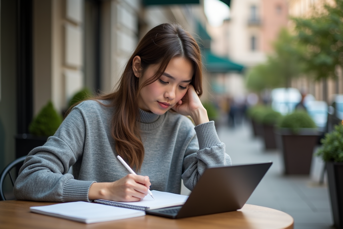 Femme concentrée au café analysant une tablette et prenant des notes