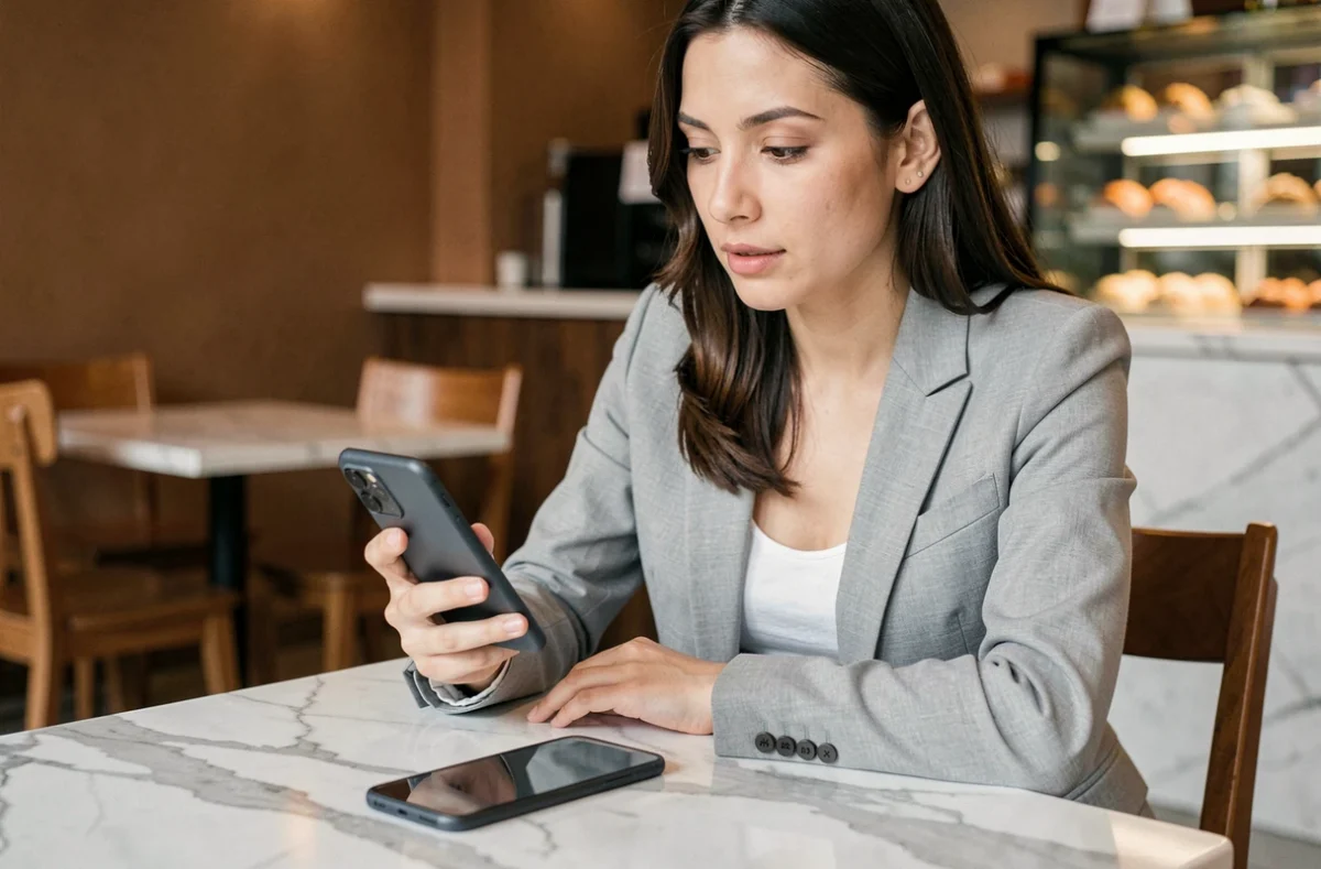 Femme en café comparant deux smartphones Samsung Ultra posés sur une table en marbre