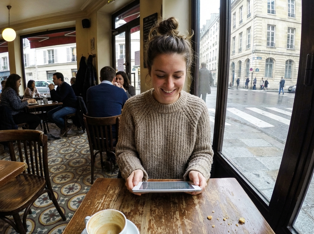 Femme française détendue utilisant une tablette au café