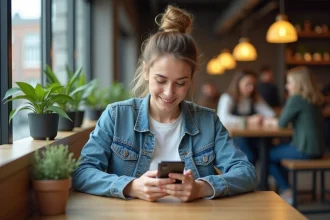 Femme en denim au café regardant son smartphone