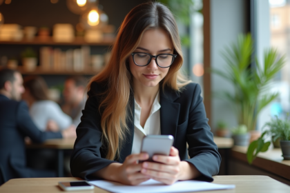 Jeune femme en café avec smartphone et blazer