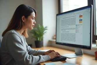 Femme travaillant sur un calculateur de signes SEO devant un écran affichant des métriques d'optimisation de contenu Google