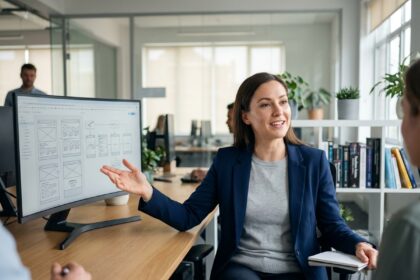 Femme confiante en blazer bleu étudiant plans web