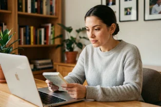 Femme consultant un carnet de mots de passe devant son ordinateur portable dans un bureau à domicile
