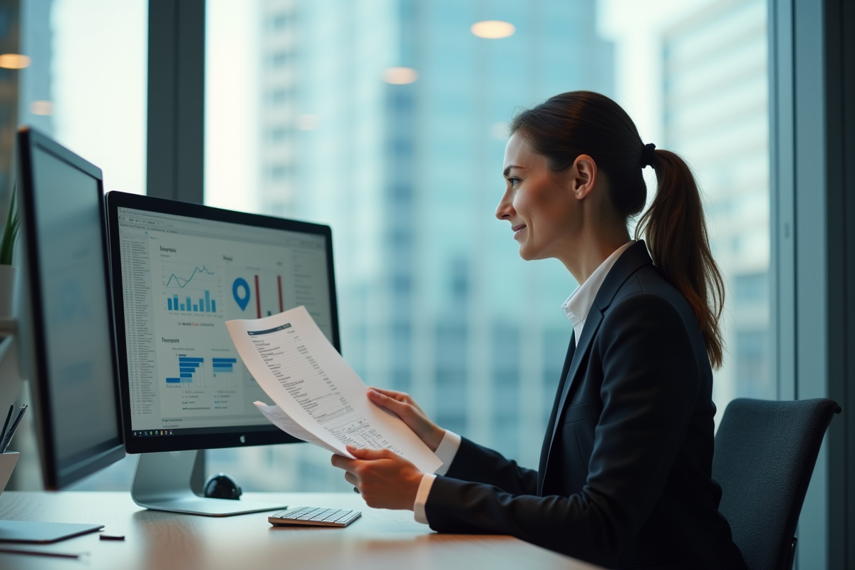 Femme d affaires regardant un écran avec documents de salaire