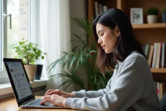 Femme utilisant une interface de conversation IA en français sur son ordinateur portable dans un bureau à domicile