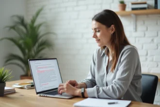 Femme utilisant un correcteur orthographique en ligne sur son ordinateur portable dans un bureau à domicile