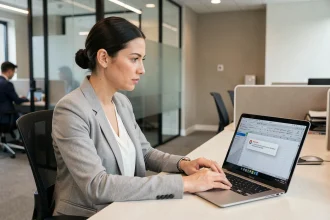 Femme développeuse analysant un fichier Excel en lecture seule sur son ordinateur portable dans un bureau moderne