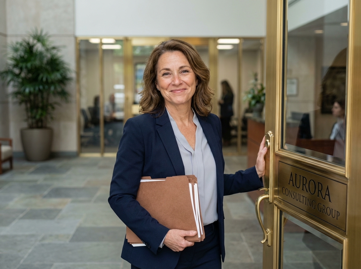 Femme entrepreneure en tech souriante dans le hall d