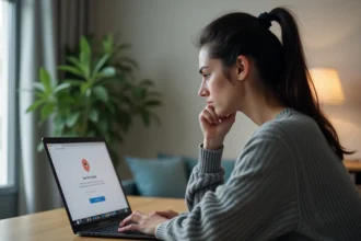 Femme frustrée devant un écran d'ordinateur affichant une erreur de profil utilisateur introuvable