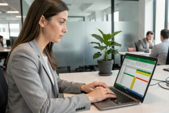 Femme en blazer gris travaillant sur un fichier Excel verrouillé dans un bureau moderne en open space