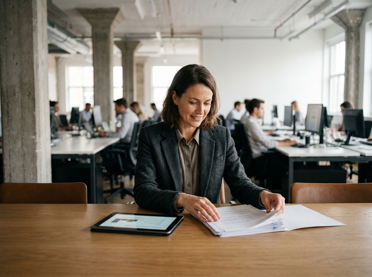 Femme fondatrice de SaaS examinant des documents et une tablette