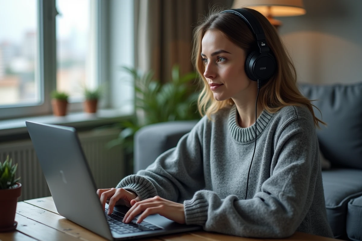 Femme avec casque gaming regardant son ordinateur portable