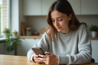 Femme gérant son compte Réglo Mobile en ligne depuis son smartphone à la maison