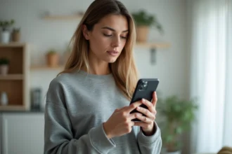Femme tenant un iPhone 12 noir en main et comparant les prix en ligne dans un salon moderne