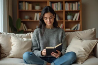 Femme lisant un livre numérique sur Kindle confortablement installée dans son salon