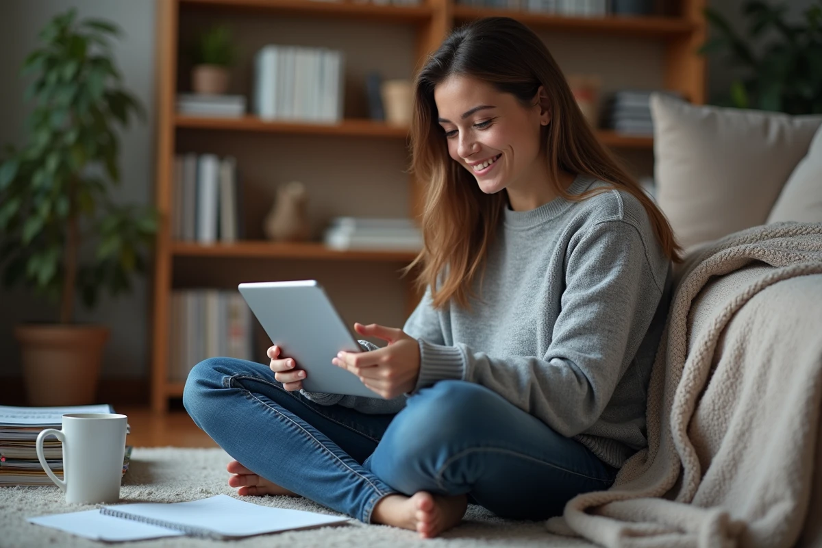 Femme assise sur le sol vérifiant ses fichiers sur une tablette