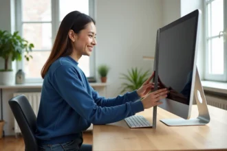 Jeune femme mesurant un écran d'ordinateur avec un règle