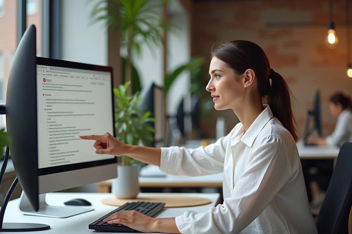 Femme consultant un navigateur web sur un ordinateur de bureau dans un espace de coworking moderne