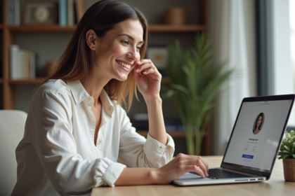 Femme souriante ajustant ses paramètres sur un ordinateur portable