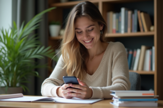 Jeune femme souriante utilisant son smartphone dans un bureau moderne