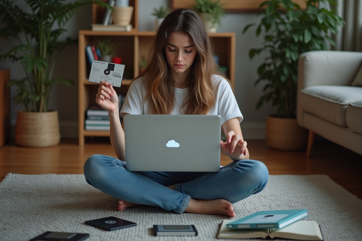 Jeune femme avec disquettes et SSD dans un salon cosy