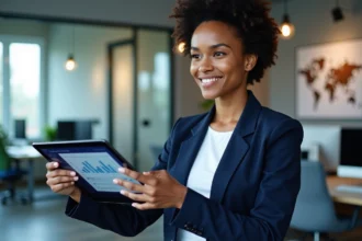 Femme d'âge moyen présentant un tableau de données en milieu tech
