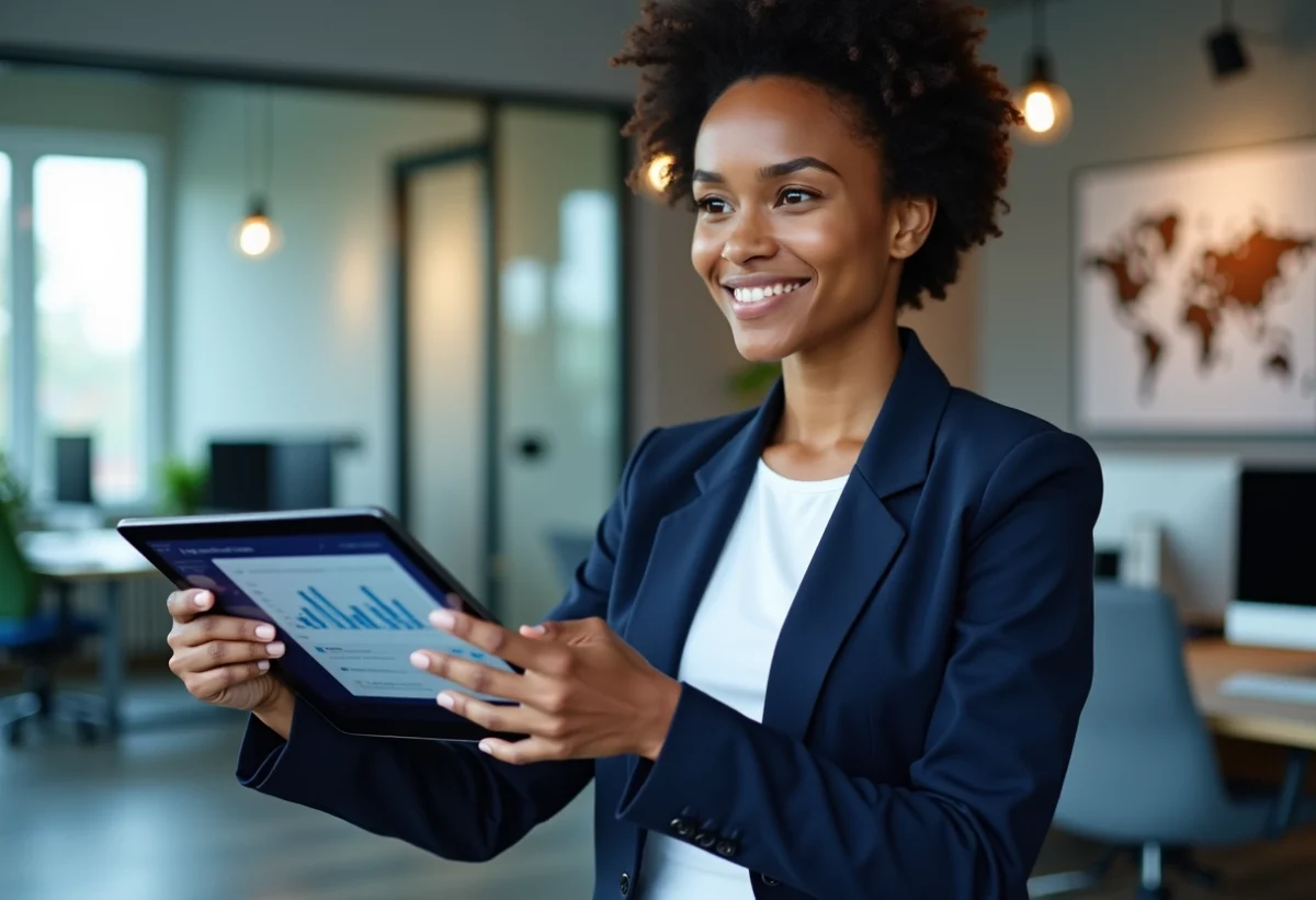 Femme d'âge moyen présentant un tableau de données en milieu tech