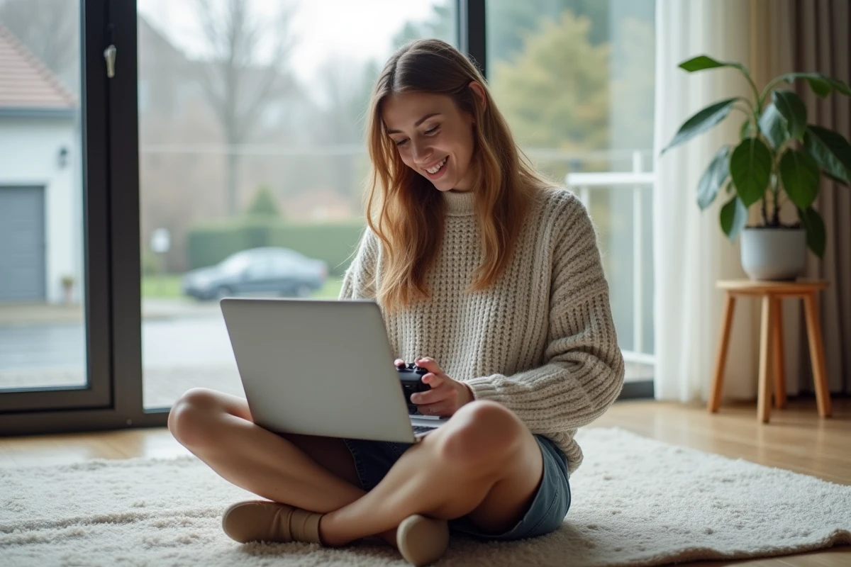 Femme relaxant en mettant à jour une console de jeux portable