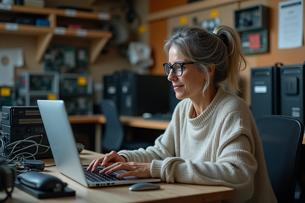 Femme réparant un ordinateur dans un atelier technique