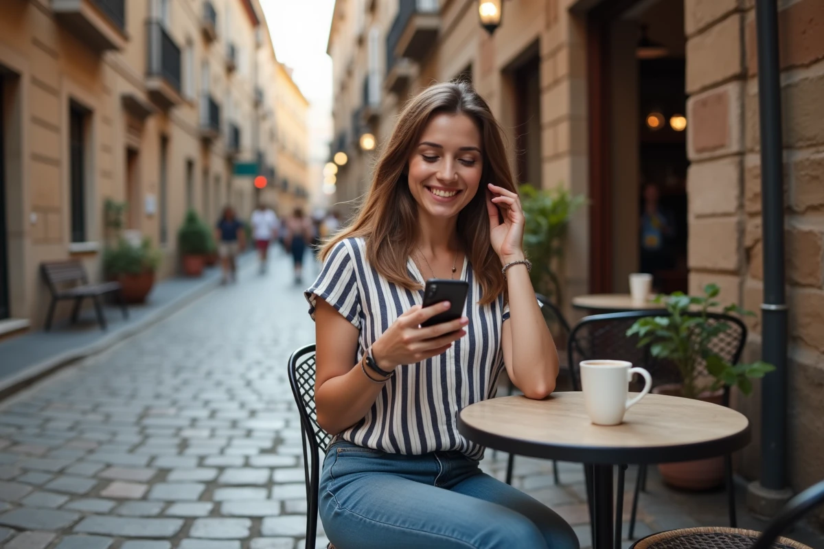 Femme utilisant son téléphone en roaming dans un café européen avec une connexion eSIM active