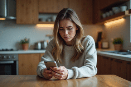 Jeune femme assise à la cuisine regarde son smartphone