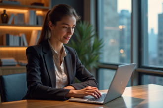Femme professionnelle analysant des données SEO sur son ordinateur