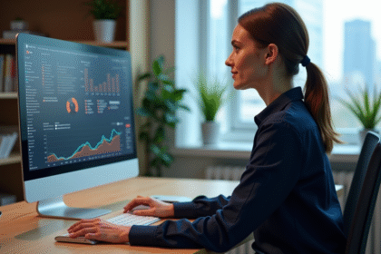 Femme professionnelle analysant un tableau SEO dans un bureau moderne
