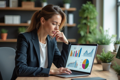 Femme professionnelle analysant des graphiques SEO sur son ordinateur