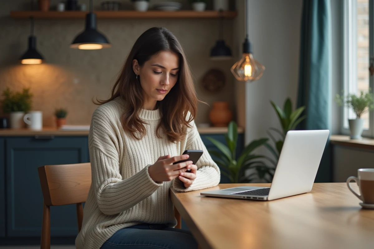 Femme assise à une table avec smartphone dans un appartement moderne