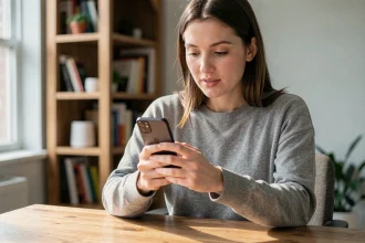 Femme tenant un smartphone Huawei et cherchant le presse-papier Android dans un bureau à domicile