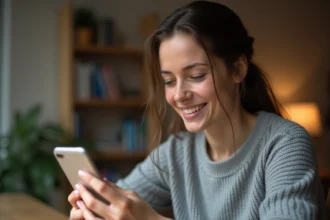 Femme consultant son smartphone pour retrouver un message supprimé grâce à une sauvegarde automatique cloud