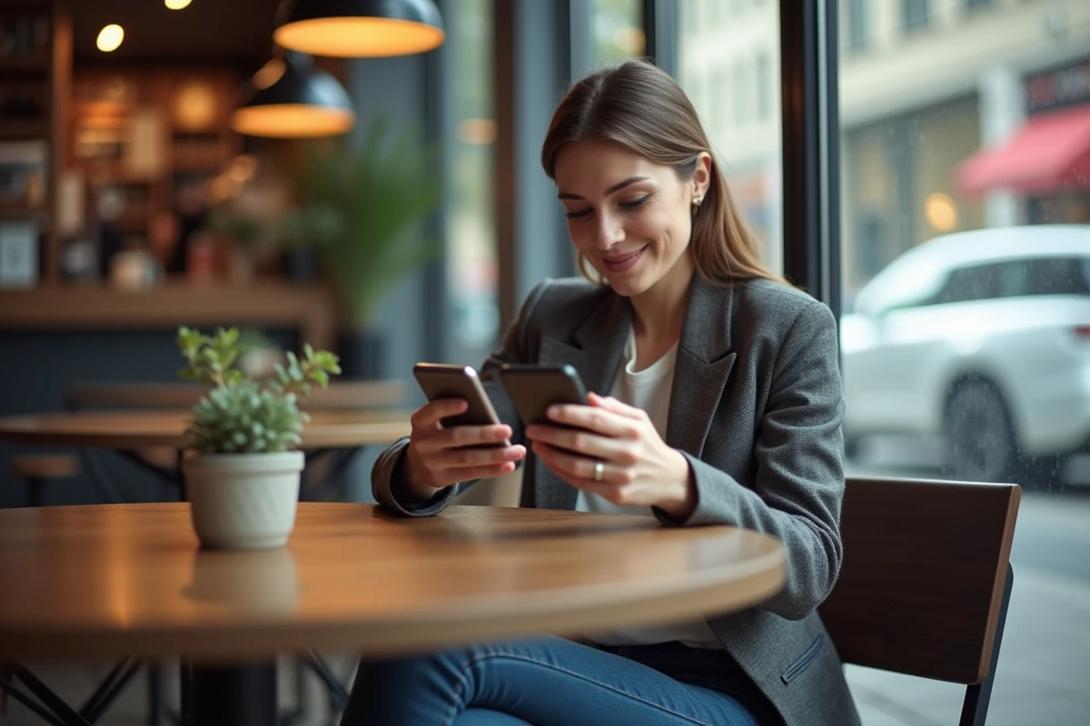Femme en blazer et jeans examine deux smartphones au café