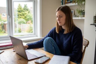 Jeune femme travaillant à son bureau à domicile