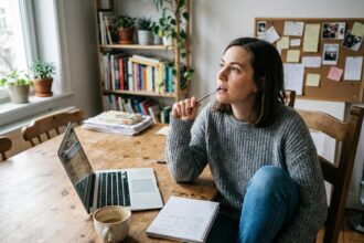Jeune femme réfléchissant dans son bureau à domicile