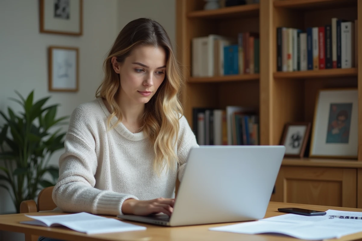 Jeune femme concentrée travaillant sur son ordinateur à la maison